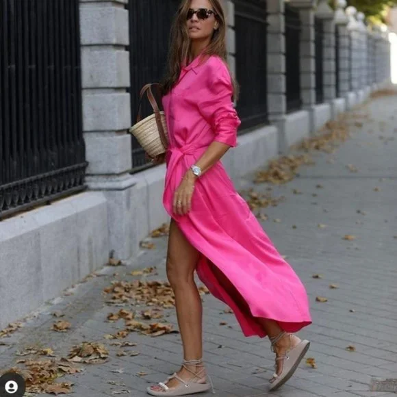 ZARA LIMITED EDITION SHIRT DRESS TIE DETAIL FUCHSIA - Picture 1 of 8